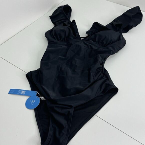 Cupshe Swimsuit Womens One Piece Ruffle Wide Strap Tie Closure M Black Seaside - Picture 5 of 8
